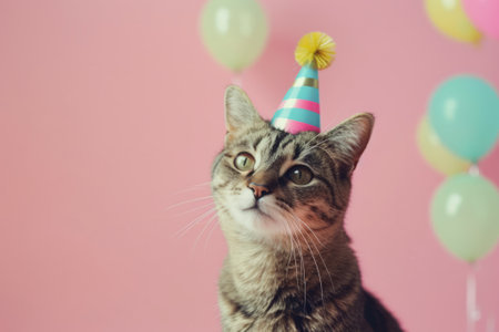 Tabby Cat Celebrating with Party Hat and Balloons, A curious tabby cat wearing a striped party hat looks up, surrounded by colorful balloons, ready to celebrate.の素材