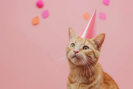 Tabby Cat Celebrating with Party Hat and Balloons, A curious tabby cat wearing a striped party hat looks up, surrounded by colorful balloons, ready to celebrate.の素材