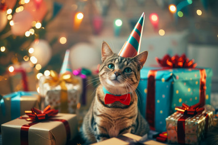 Festive Tabby Cat Celebrating with Holiday Decor. A tabby cat dons a party hat and bow tie, celebrating among a festive array of holiday gifts, lights, and decorations.の素材