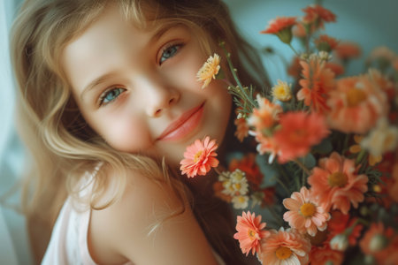Young Girl with Striking Eyes Surrounded by flowers. A young girl with captivating blue eyes lies surrounded by a lush array of flowers, conveying innocence and natural beauty.の素材