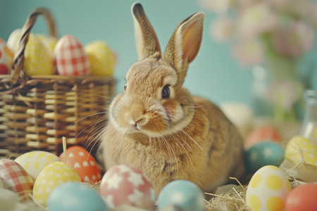 Bunny with Easter Eggs in Pastel Nest. A charming bunny sits amid a nest of pastel Easter eggs, embodying the joyful spirit of the spring holiday.の素材