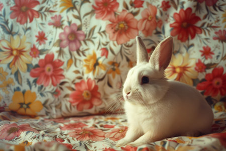 White Rabbit Against Vibrant Floral Background. A white rabbit sits quietly, its innocence and purity juxtaposed against a colorful floral fabric background.の素材
