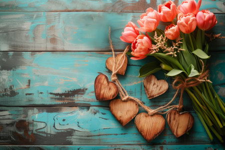 Red Tulips and Wooden Hearts on Turquoise Planks. Red tulips lie beside carved wooden hearts on a distressed turquoise plank backdrop, a perfect springtime or love-themed setting.の素材