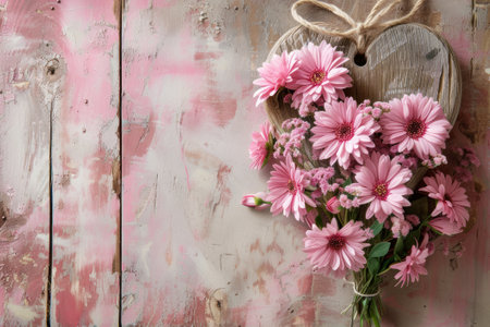 Pink Gerbera Flowers and Wooden Heart on Distressed Pink, Pink gerbera flowers arranged with a wooden heart on a distressed pink wooden backdrop, creating a romantic vibe.の素材