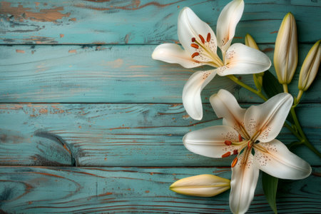 Pink Lilies with Buds on Blue Wooden Surface. Vibrant pink lilies and their buds elegantly displayed on a worn blue wooden surface, offering a rustic and floral aesthetic.の素材