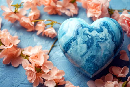 Elegant Pink Flowers on Textured Turquoise Background. A sophisticated arrangement of pink flowers with delicate petals and soft ribbon on a textured turquoise backdrop.の素材