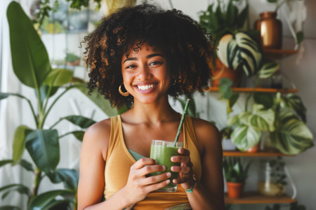 A cheerful young woman with curly hair enjoying a freshly blended green smoothie in a plant-filled room, exuding wellness and happiness.の素材