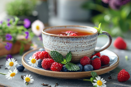 Aromatic herbal tea in transparent glass cups, adorned with edible flowers and surrounded by assorted fresh berries.の素材