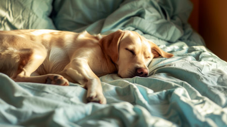 A peaceful dog napping comfortably in soft, pastel-colored bedding, with a serene expression on its face.の素材