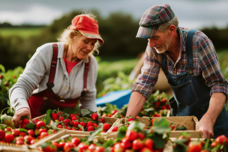 An elderly couple joyfully picking ripe strawberries in a lush green field, embodying teamwork and healthy living.の素材