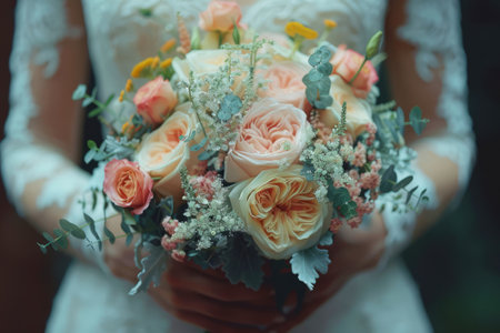 A bride in a delicate white dress lovingly holds a bouquet of flowers in the warm sunset light.の素材