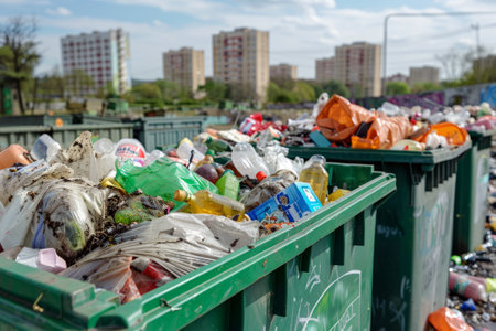 Overflowing garbage bins on a residential street reflect a pressing urban waste management issue.の素材