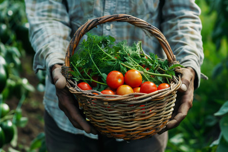A farmer with a wicker basket full of ripe tomatoes and fragrant herbs, showcasing the bounty of sustainable agriculture.の素材
