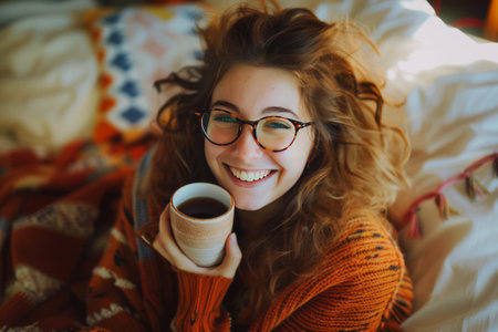 A young woman wearing a warm knitted hat and sweater savoring a hot drink indoors with festive lights in the background.の素材