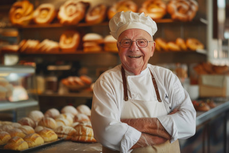 Cheerful elderly chef in a bakery, proudly presenting freshly baked croissants, representing decades of culinary tradition.の素材