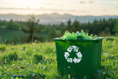 A green recycling bin filled with glass bottles is set against the backdrop of a scenic landscape, representing environmental consciousness.の素材