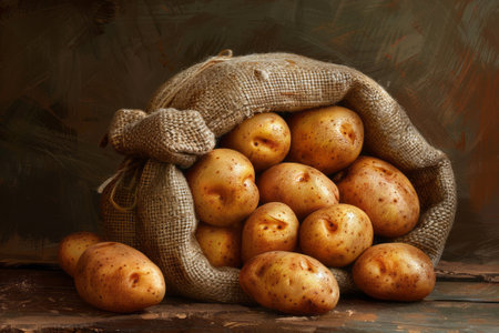 A rustic burlap sack overflowing with fresh potatoes on a wooden surface, depicting organic produce and agriculture.の素材