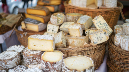 A diverse selection of gourmet cheeses displayed on a wooden board, perfect for cheese aficionados.の素材