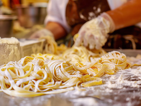 Handmade artisanal fettuccine pasta being crafted with care and precision on a well-floured kitchen counter.の素材