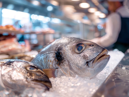 Close-up of sea bream fish on ice, fresh from the sea, available at a fishmonger's counter.の素材