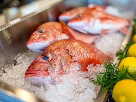 Whole red snapper fish on a bed of ice with lemon and dill, displayed at a seafood market.の素材
