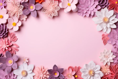 A creative frame made of intricate paper flowers in shades of pink, with a central space for design or text.の素材