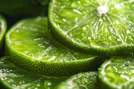 Macro shot of fresh lime slices with water droplets, highlighting the fruit's texture and freshness.の素材