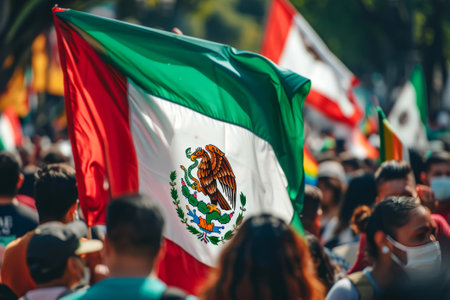 The Mexican flag prominently displayed among a crowd of people at a cultural or national event.の素材