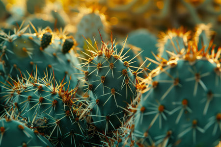 Sunset light casting a warm golden glow on a field of prickly pear cactus.の素材