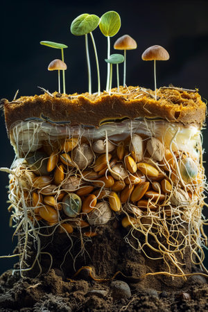 A detailed cross-section showing the germination process with sprouts emerging from seeds in soil.の素材