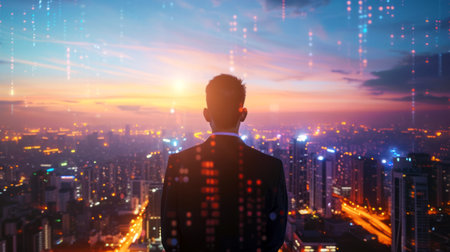 Back view of a businessman contemplating the cityscape as the sun sets, symbolizing opportunity and future.の素材