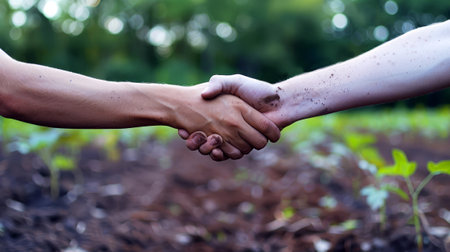 Two farmers shake hands over a field, symbolizing agreement and cooperation in agricultural business.の素材