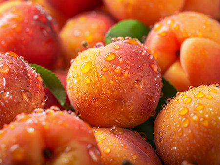 Close-up of juicy fresh apricots with water droplets, vibrant colors highlighting the freshness.の素材