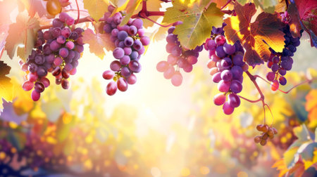 Ripe grape clusters hang from vineyard vines, bathed in the warm glow of the setting sun.の素材