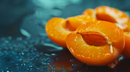 Close-up of ripe, juicy apricots with refreshing water droplets, highlighting their vibrant orange color.の素材