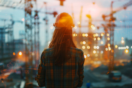 A female engineer contemplates a busy construction site from above as the city transitions from day to night.の素材