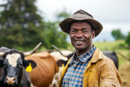 A contented farmer wearing a hat smiles in front of his cattle in a lush, tropical environment.の素材