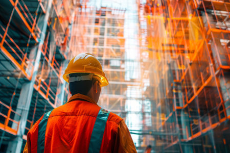 A construction worker in a hard hat and high visibility vest surveys a complex scaffold structure at a construction site.の素材