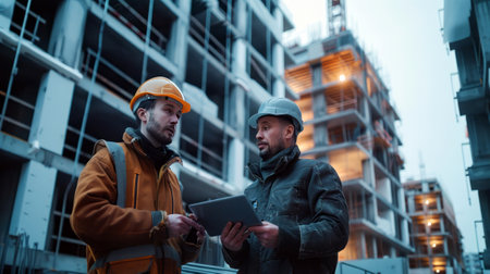 Two construction workers in hard hats are engaged in discussion over a tablet on an active building site.の素材