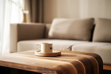 A warm, sunlit minimalist living room showcasing a wooden coffee table and complementary natural decor.の素材