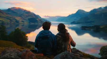 A couple sits closely together, enjoying a tranquil sunset over a calm mountain lake.の素材