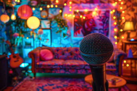 Close-up of a condenser microphone in a music studio with a colorful blurred background, highlighting modern recording equipment.の素材