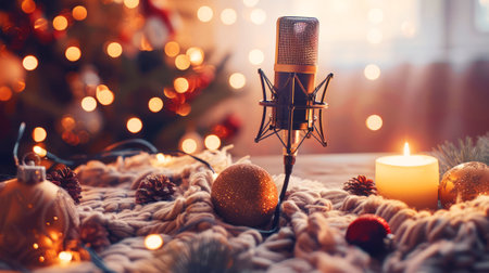 A professional microphone surrounded by warm Christmas lights and holiday decorations, ready for a festive recording.の素材