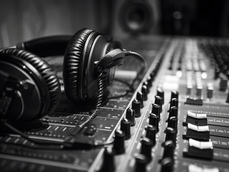 Monochrome image of professional studio headphones resting on a large sound mixing console, representing music production and sound engineering.の素材