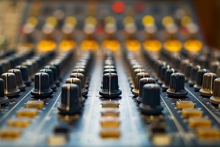 A close-up of a colorful audio mixer console with illuminated faders and knobs, essential for sound engineering.の素材