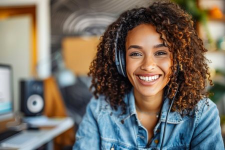 A happy young woman with curly hair wearing headphones provides customer support, showcasing friendly remote service.の素材