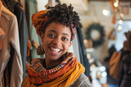 Joyful woman wearing a colorful headscarf and scarf shopping in a clothing store.の素材
