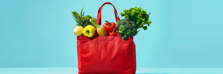 Colorful vegetables in a red reusable shopping bag against a blue background.の素材