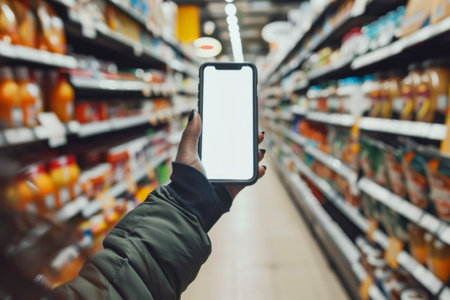 A person holding a smartphone with a blank screen in a supermarket aisle, possibly using a shopping or price comparison app.の素材