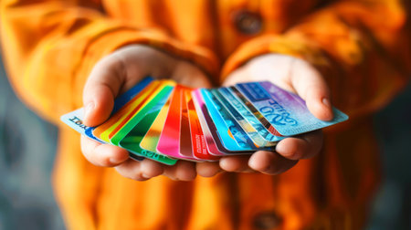 Close-up of hands offering a selection of colorful credit cards, concept of choice in personal finance.の素材
